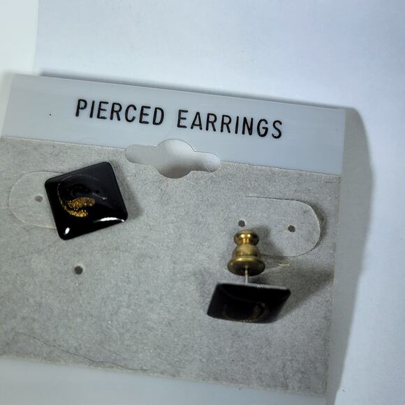 Vintage Black Square Stud Earrings – Gold Swirl Accent, Minimalist Design - Picture 7 of 10